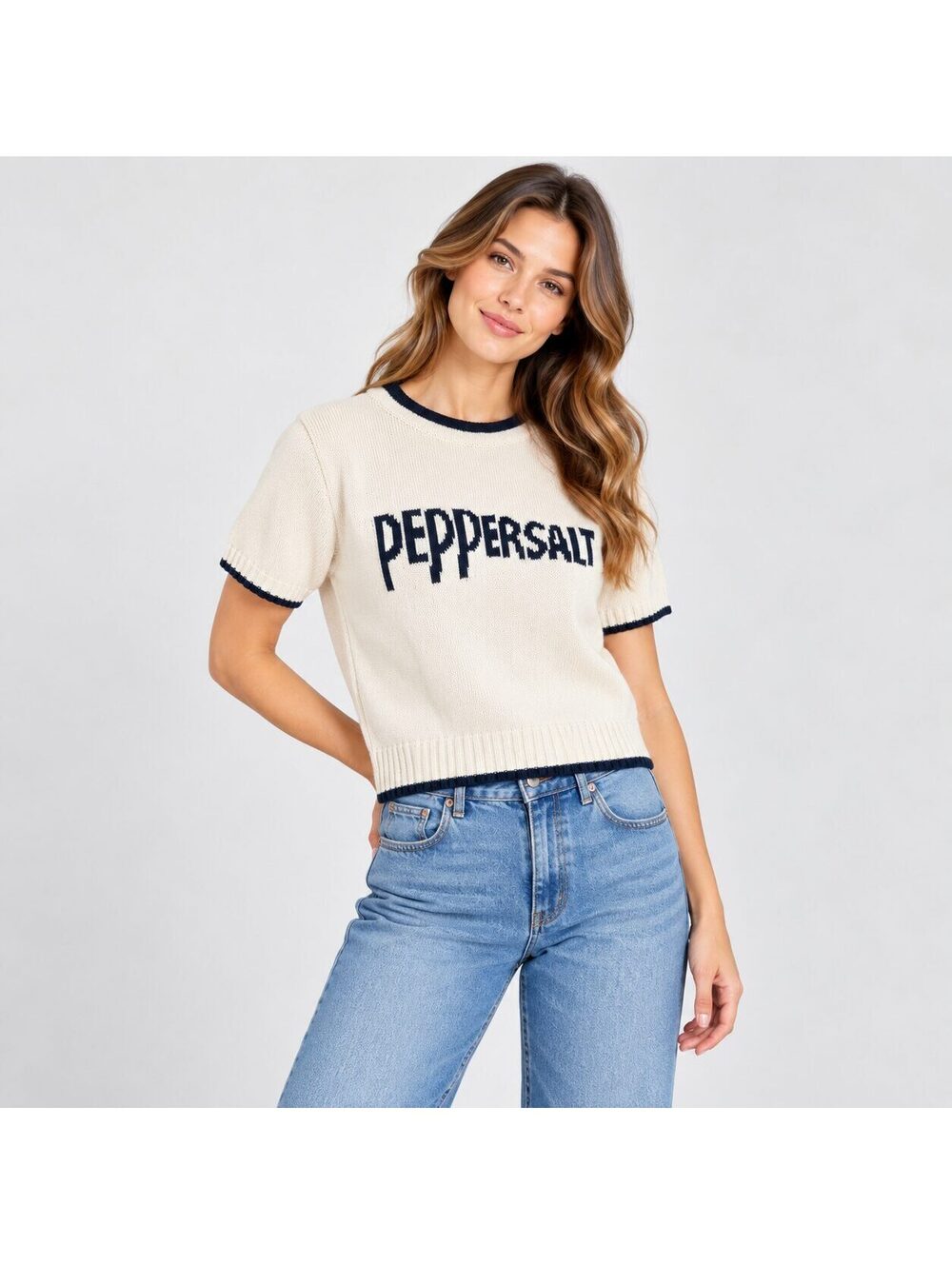 Peppersalt Seoul Cream Navy Logo Short Sleeve Knit Sweater Top Size S